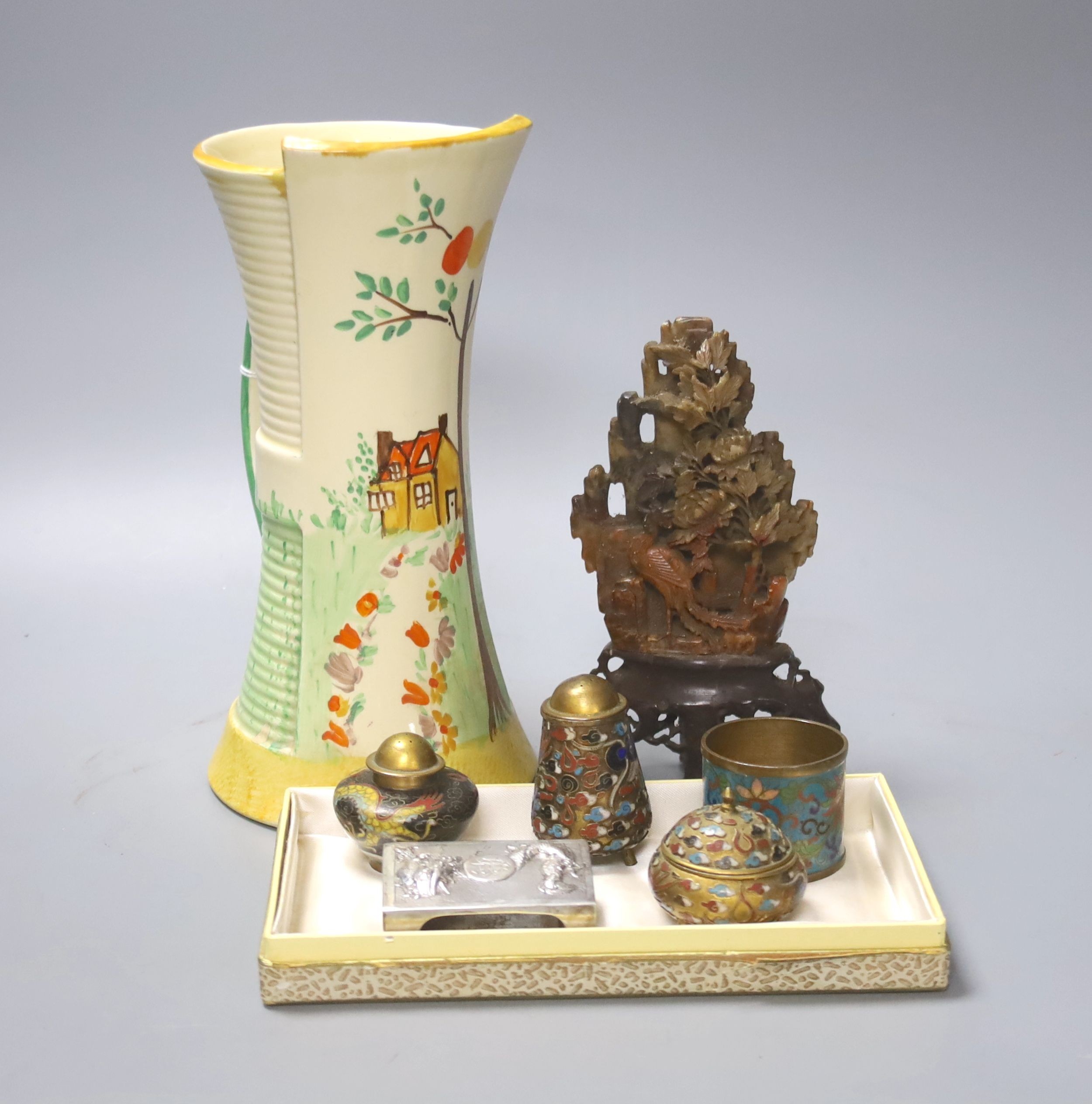 A Chinese soapstone carving, 16cm, a Chinese metal Matchbox holder, and four Chinese cloisonne enamel items